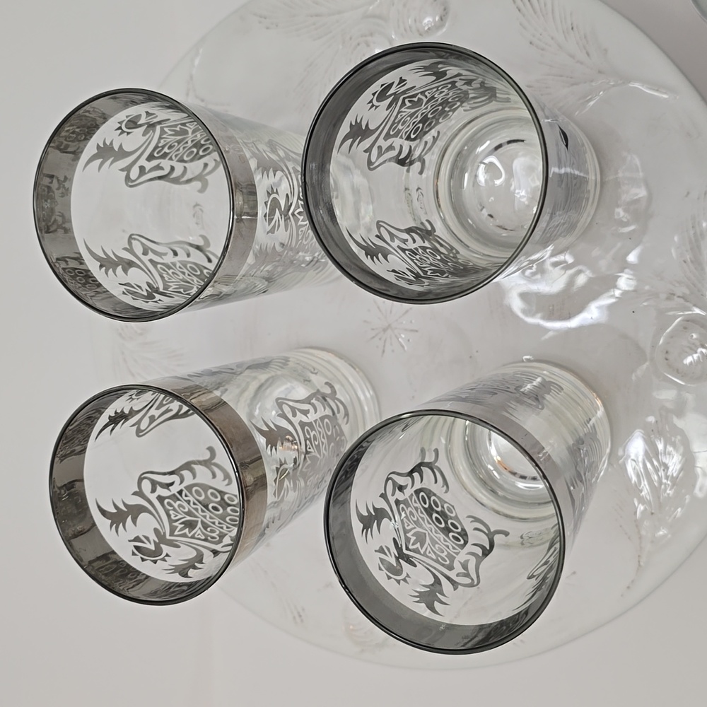 Vintage MCM Set Of 4 Kimiko Silver Knight Shield Highball Glasses Barware - Picture 3 of 16